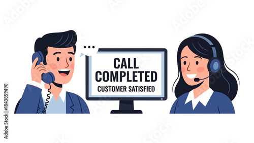 Customer service agent celebrates successful call completion with a happy client, signifying excellent customer support and satisfaction