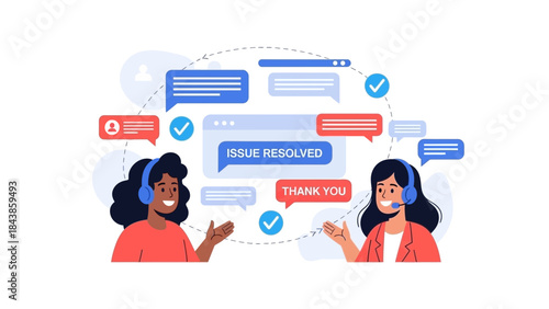 Customer service representatives communicating and resolving issues through online chat and virtual collaboration
