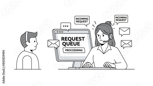 Customer service representative overwhelmed by incoming request queue and emails, illustrating workload and stress in support roles