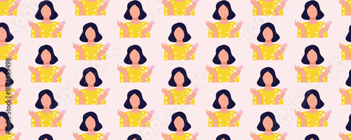 Seamless women’s health pattern about menstruation with woman holding tampon, feminine hygiene and period care illustration