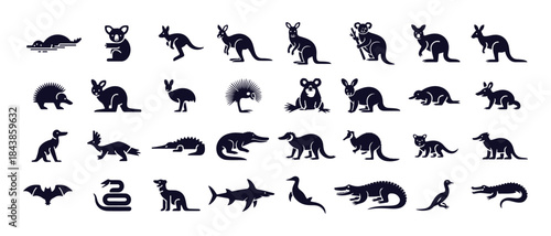 Comprehensive group of black silhouettes representing iconic australian wildlife species from the outback and ocean