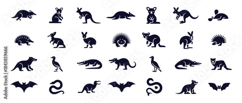 Set of australian animals flat icons including kangaroo koala echidna platypus bat bird and crocodile