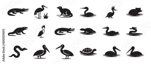 Set of wetland and aquatic animals flat icons including crocodile frog turtle snake pelican heron and duck