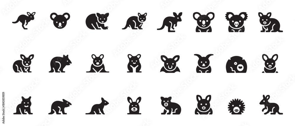 Fototapeta premium Collection of cute australian marsupial and kangaroo icons koala silhouettes wildlife animal graphics set
