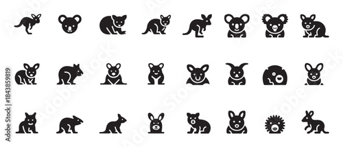 Collection of cute australian marsupial and kangaroo icons koala silhouettes wildlife animal graphics set