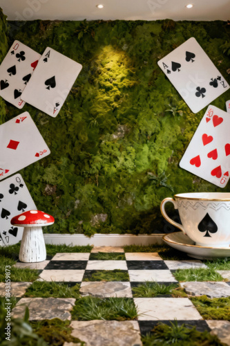 Whimsical Alice in Wonderland themed room with playing cards and tea cup