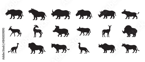 Diverse collection of african safari animal silhouettes including rhino antelope and lion simple wildlife profiles