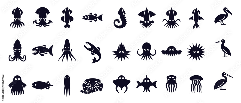 Fototapeta premium Ocean sea animals and marine creatures vector icon set deep water aquatic fauna monochrome icons collection