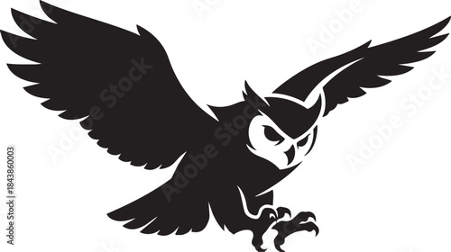 Black Silhouette of an Aggressive Flying Owl Bird Vector
