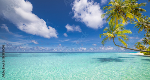 Fototapeta Naklejka Na Ścianę i Meble -  Tropical summer island beach landscape. Beautiful peaceful nature scene with turquoise ocean sunny sky and white sandy shore. Tranquil vacation wallpaper background. Idyllic travel holiday destination