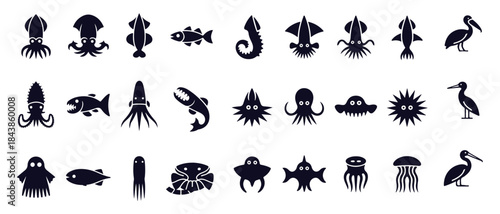 Ocean sea animals and marine creatures vector icon set deep water aquatic fauna monochrome icons collection