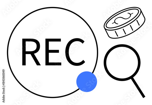 Circular REC button with blue dot, magnifying glass, and coin portrays recording, research, and finance. Ideal for technology, analysis, business media innovation search user interface. Simple