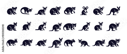 Kangaroo koala wallaby australian marsupials black vector icons set wildlife mammal animal silhouettes symbols