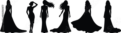 Elegant female gown silhouettes set showcasing stylish women poses, flowing dresses, long hair, fashion glamour, black isolated vector collection