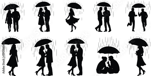 Romantic couple silhouettes under umbrellas in heavy rain showing walking kissing running and intimate love moments illustration