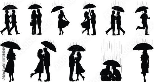 Romantic couple silhouettes under umbrellas in rainy weather showing love walking kissing and together moments isolated illustration