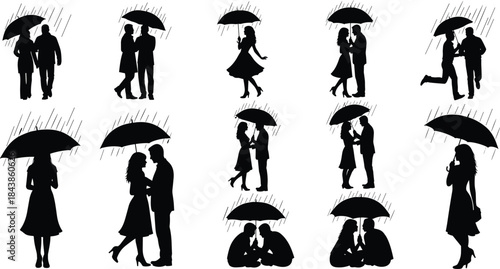 Romantic couple silhouettes under umbrellas in rainy weather showing love walking kissing running and together moments illustration