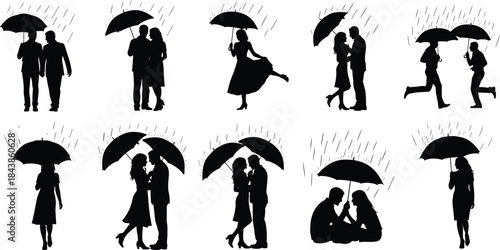 Romantic couple silhouettes under umbrellas in rainy weather showing walking kissing running and emotional love moments illustration