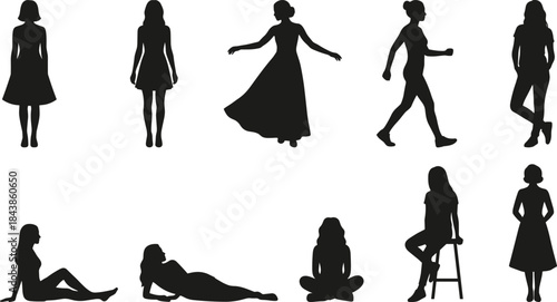 Set of female silhouettes in various poses standing sitting walking relaxing isolated on white background vector illustration