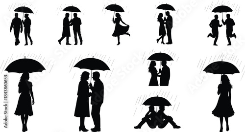 Romantic couple silhouettes under umbrellas in rainy weather showing walking kissing running and tender love moments illustration