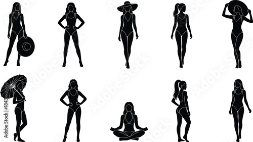 Set of female silhouettes with summer beach fashion poses walking standing yoga and accessories isolated on white background illustration