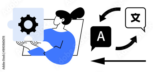 Language translation concept. efficient language translation using symbolic arrows and diverse text formats. Language translation enhancing global communication and accessibility. For apps