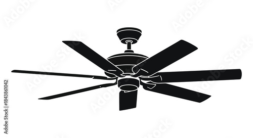 A striking black and white depiction of a five bladed ceiling fan a bold silhouette