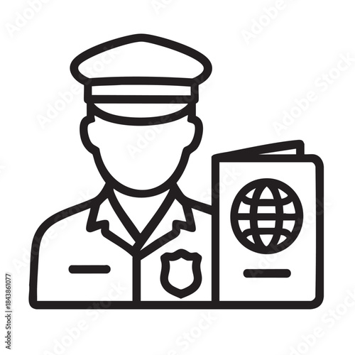 A black and white line drawing depicts a uniformed officer holding a passport suggesting travel and security checks