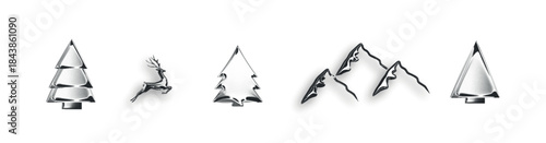 Chrome winter abstract metallic tree, deer and mountains. Minimalist Christmas and New Year design for premium branding, festive marketing, editorial and modern seasonal backgrounds.
