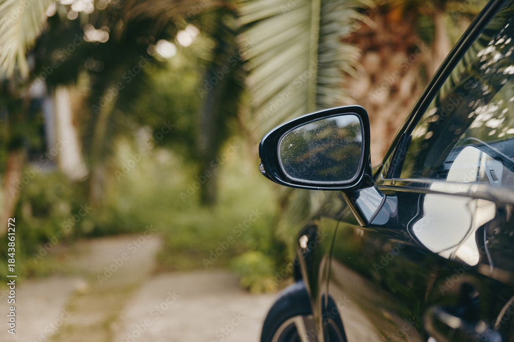 Fototapeta premium Car side mirror of a black car on a shaded driveway with palm trees and reflection on wet glass, closeup exterior detail showing glossy paint and tropical outdoor setting
