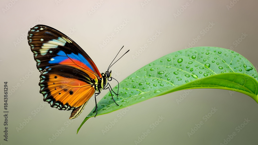 Fototapeta premium Butterfly resting on a leaf against pastel beige background, hope and nature harmony