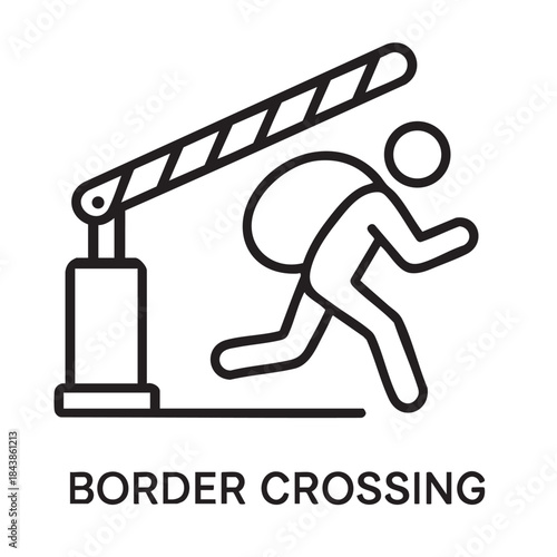 A simple line drawing depicts a person running under a barrier symbolizing border crossing or escape