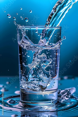 Pouring water into glass with bubbles, blue hydration concept