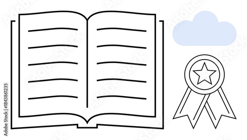 Education, certification, e-learning, cloud storage, academic recognition, learning tools. Open book with ribbon badge beside a cloud. Education and certification visually