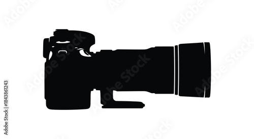 A striking black silhouette of a professional digital slr camera showcasing photographic equipment silhouette