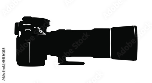 A striking black silhouette of a professional digital slr camera with a large lens silhouette