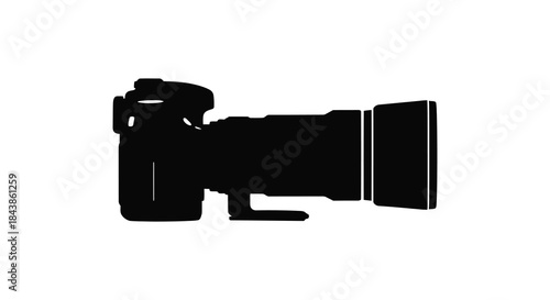 Detailed depiction of a professional digital slr camera in striking black silhouette
