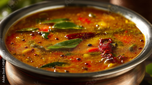 Traditional South Indian sambar filled with vegetables, aromatic sambar powder, tamarind base, floating mustard seeds, red chilies, and curry leaves, served in stainless steel bowl