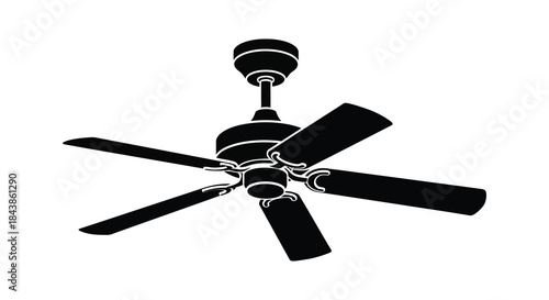 A striking black and white illustration of a classic ceiling fan design silhouette