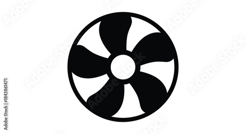 A striking black and white circular design featuring a central void and curved shapes silhouette