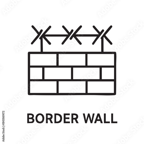 A simple line art depiction of a brick wall topped with barbed wire showcasing security and restriction