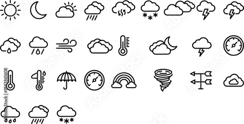 Collection of black outline weather forecast icons representing sun moon rain snow wind temperature and storm conditions