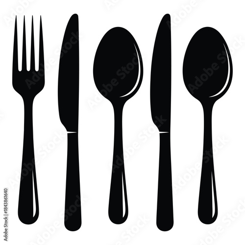 Set of black silhouette cutlery on white background