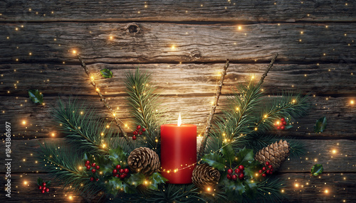 Fondo navideño rústico con vela roja de Adviento en corona natural, rodeada de ramas de pino, piñas y luces cálidas. Escena acogedora sobre madera envejecida con espacio para texto.