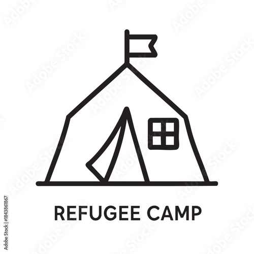 A simple black and white line drawing depicts a tent with a window and a flag labeled refugee camp