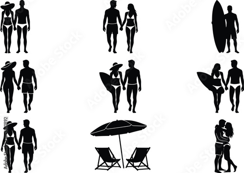 Beach couple silhouettes set showing men and women walking holding hands surfing relaxing romance summer vacation black isolated vector