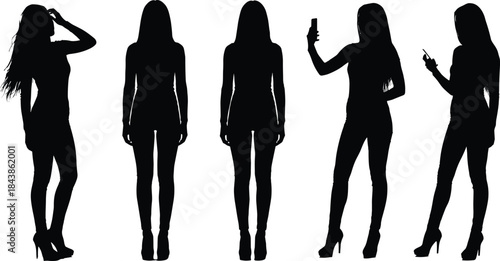 Modern woman silhouette poses collection showing female standing, walking, smartphone usage, stylish body shapes, black isolated vector set