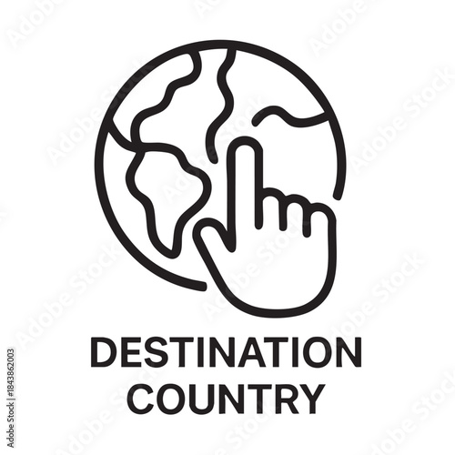 A simple line drawing depicts a human hand pointing at a globe with the word destination below