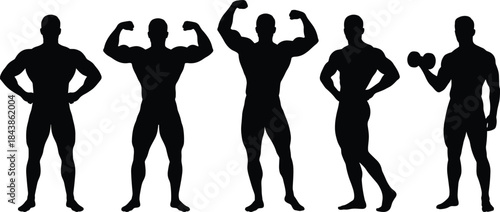 Muscular male bodybuilder silhouettes collection showing strong athletic men flexing poses, gym fitness strength, black isolated vector set