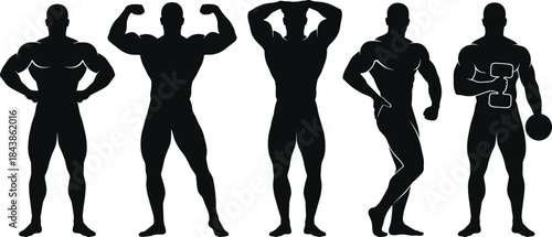 Muscular male bodybuilder silhouettes set featuring fitness poses, strong athletic men flexing muscles, gym strength concept, black isolated vector